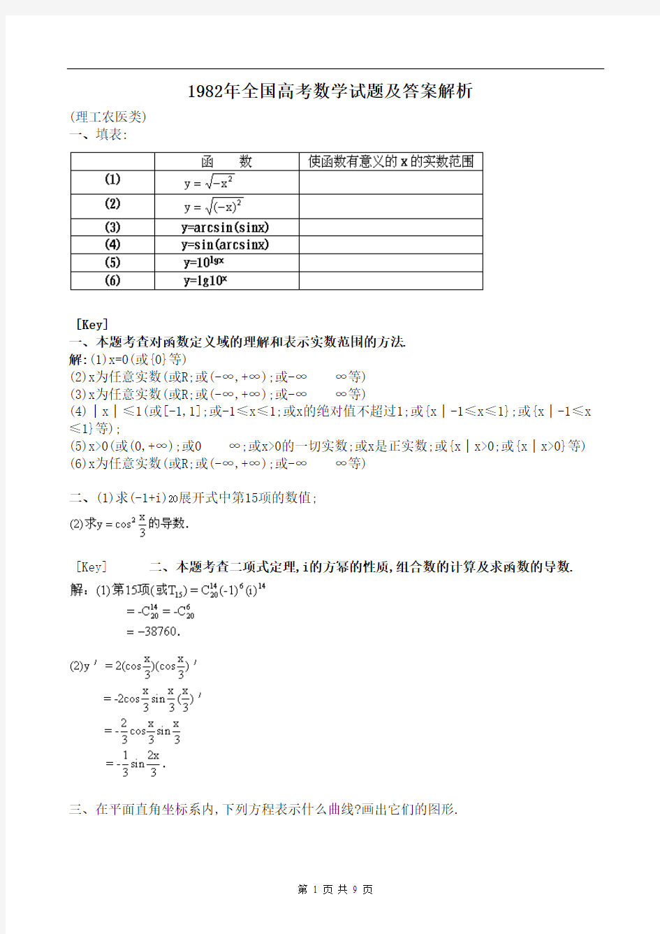 1982年全国高考数学试题及答案解析