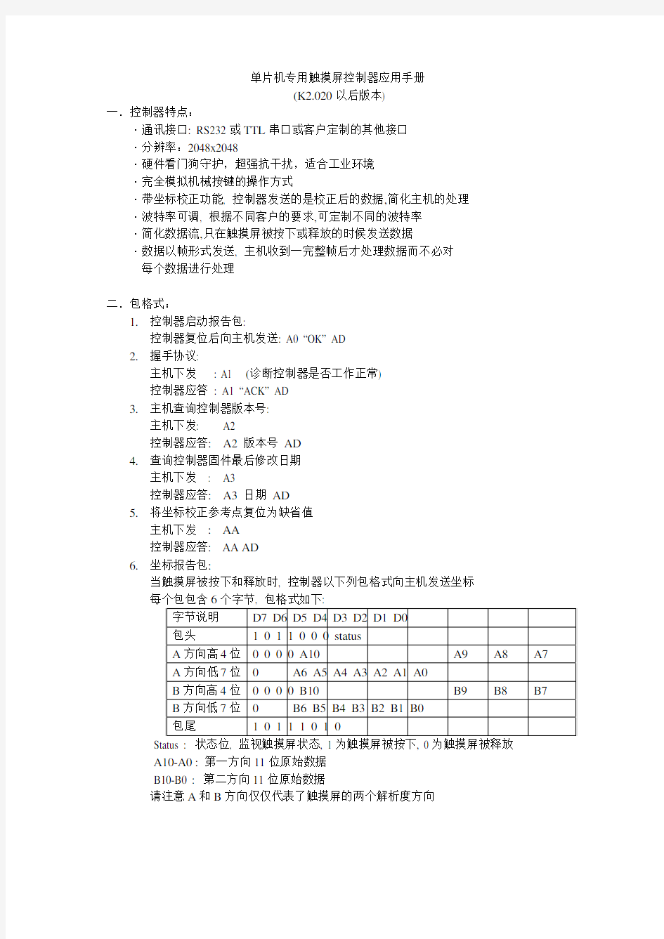 单片机专用触摸屏控制器FX-TK04RV1.2X MCU应用手册