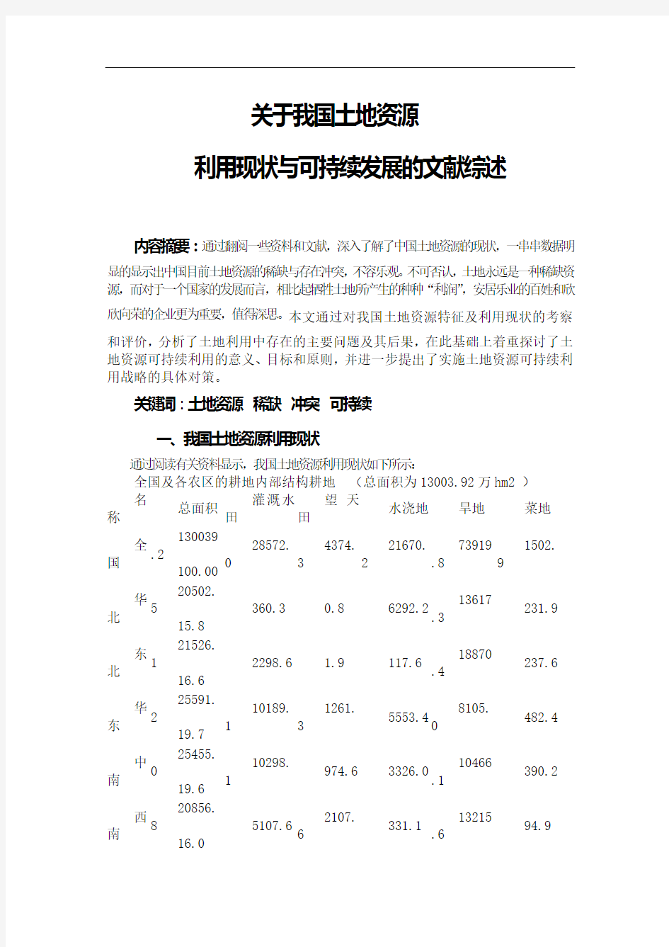 关于我国土地资源利用现状与可持续发展的文献综述