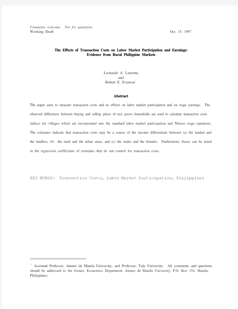 The Effects of Transaction Costs on Labor Market Participation and Earnings Evidence from R