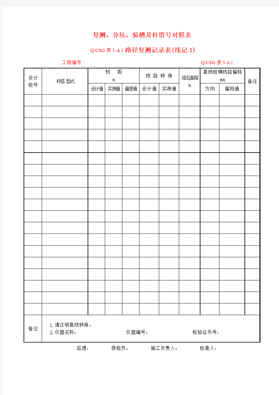 路径复测记录表(线记1)