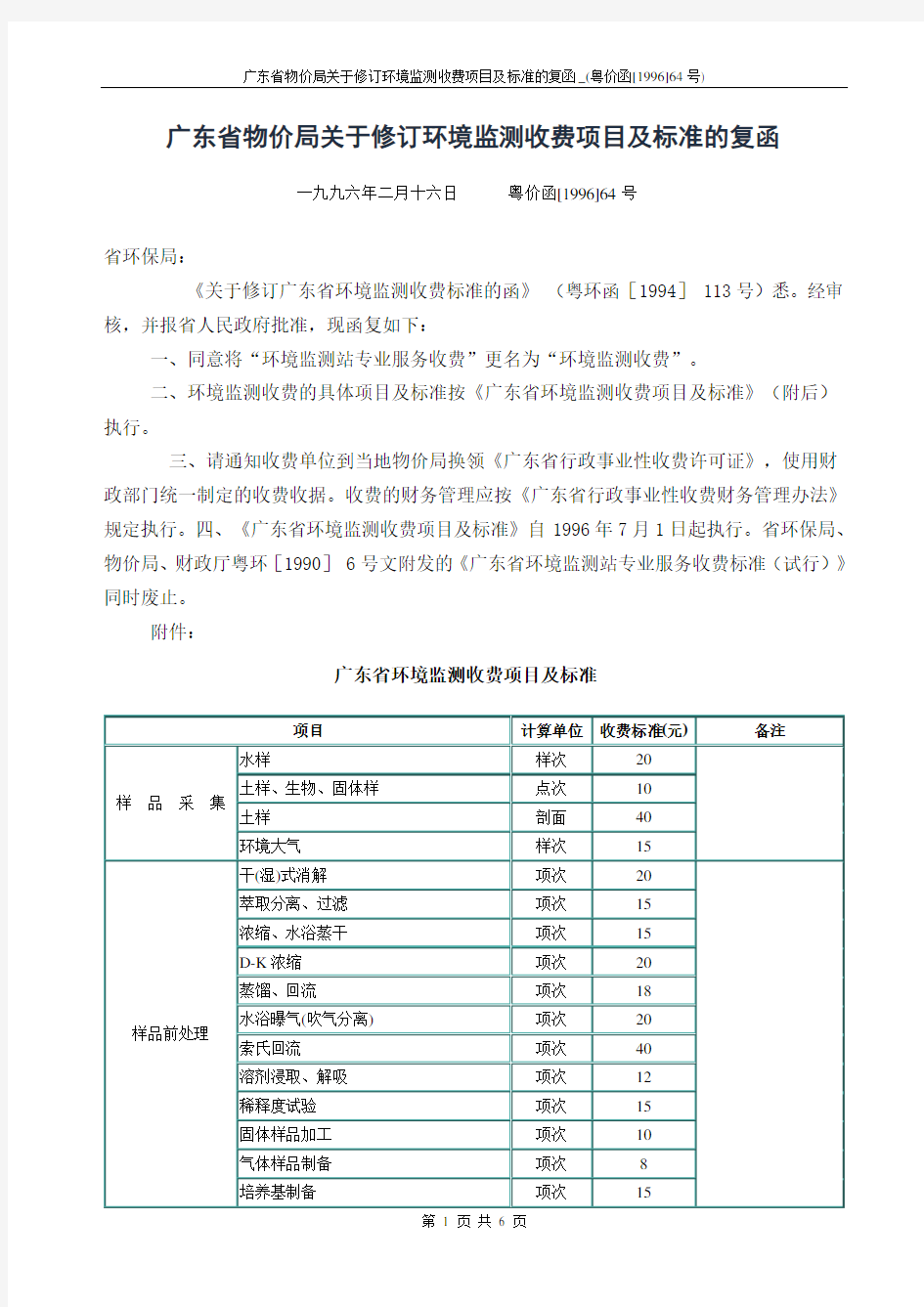 广东省物价局关于修订环境监测收费项目及标准的复函_(粤价函[1996]64号)