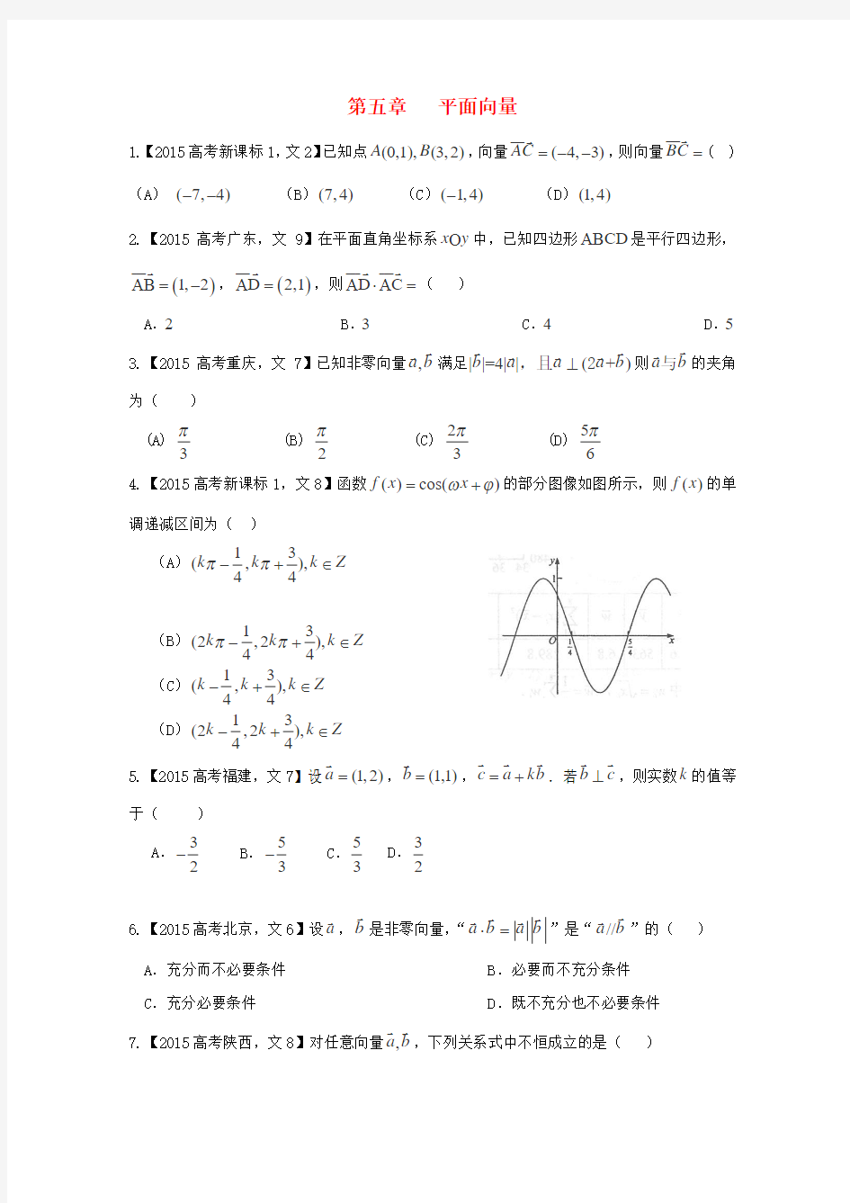 2015年高考数学真题分类汇编：专题(05)平面向量(文科)及答案