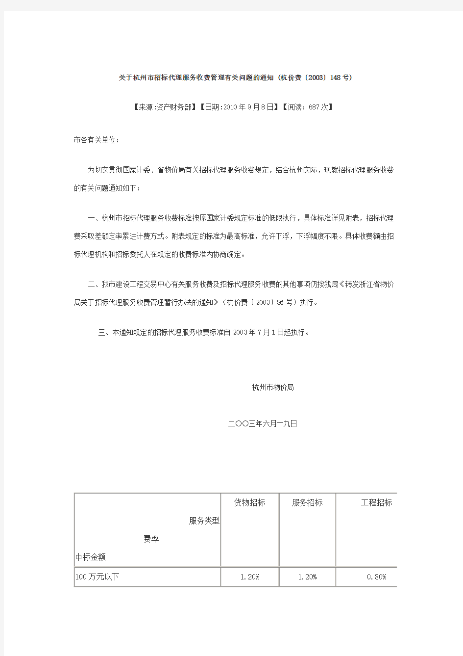 关于杭州市招标代理服务收费管理有关问题的通知