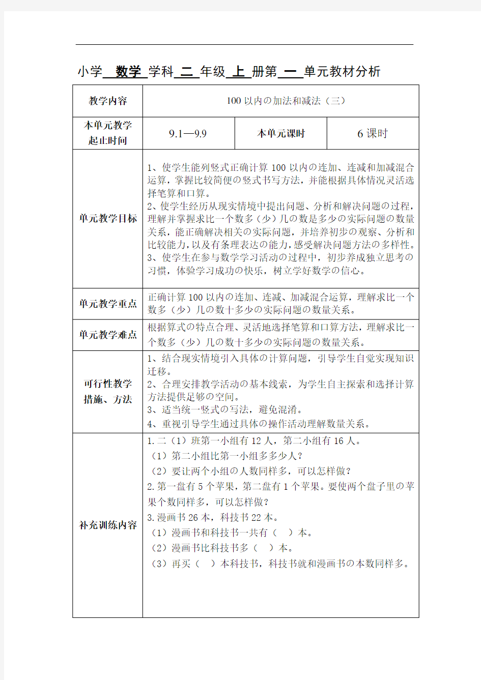 苏教版数学小学二年级上册全册集体备课及单元分析