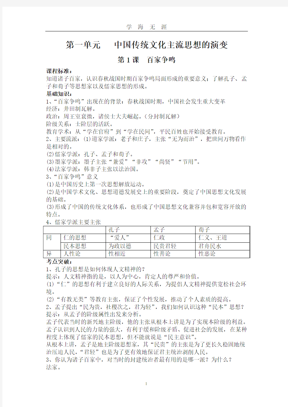 高中历史必修三 知识点总结(2020年九月整理).doc