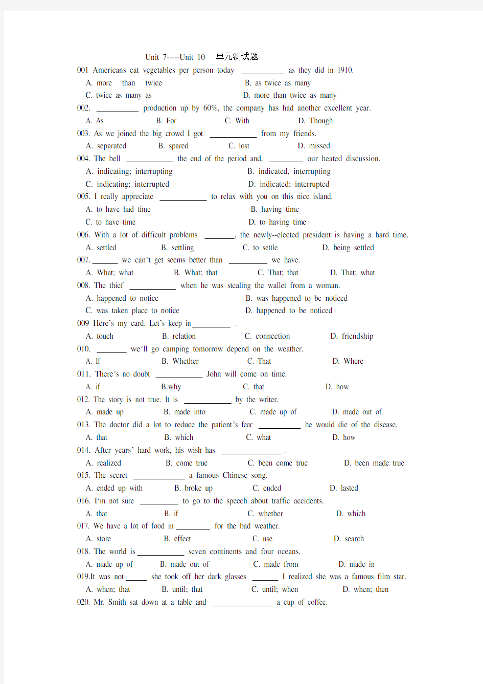 Unit 7-----Unit 10  单元测试题