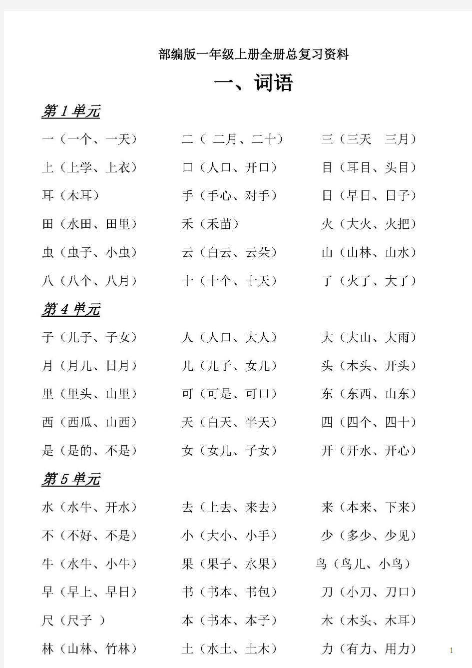 部编版语文一年级上册期末总复习资料