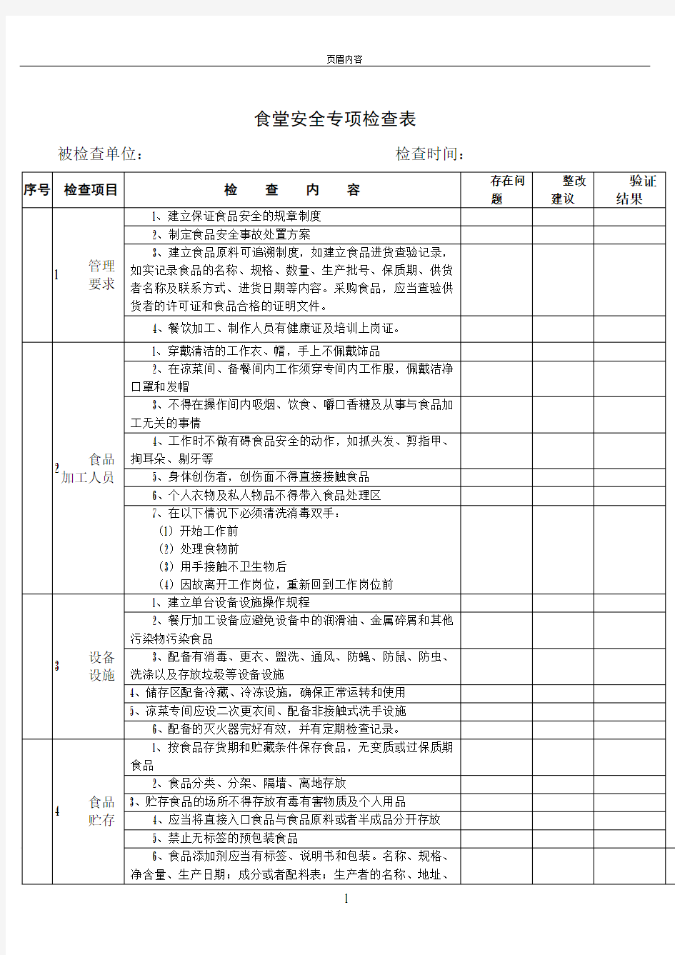 食堂安全专项检查表