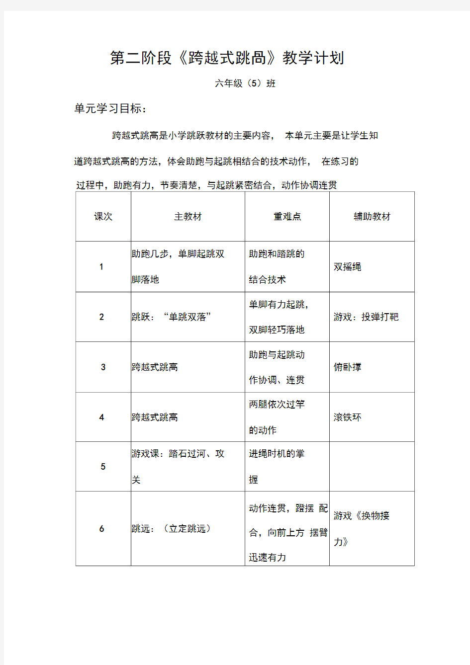 水平三---六年级-跨越式跳高-单元教学计划及教案