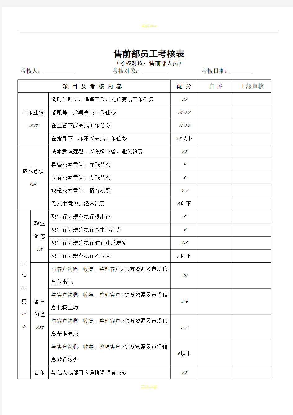 售前部绩效考核表