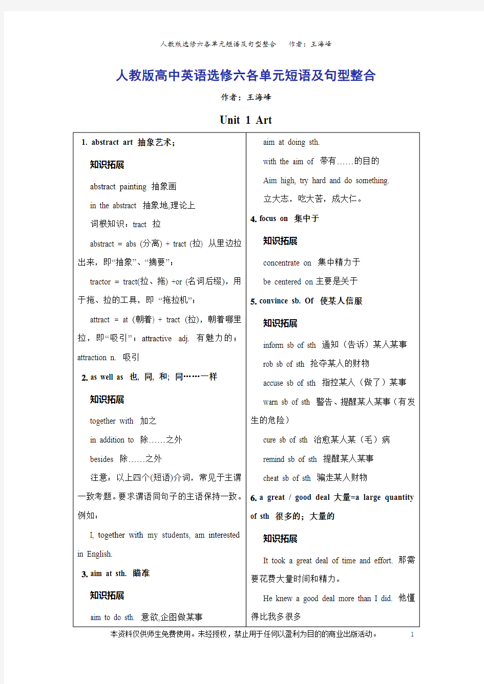 人教版高中英语英语选修六各单元短语汇编