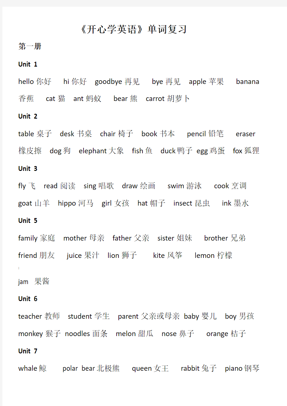 gogo版开心学英语(三到六年级)全部单词