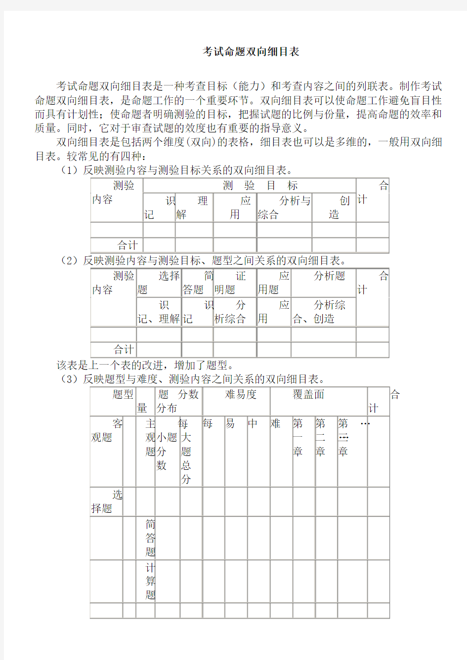 考试命题双向细目表