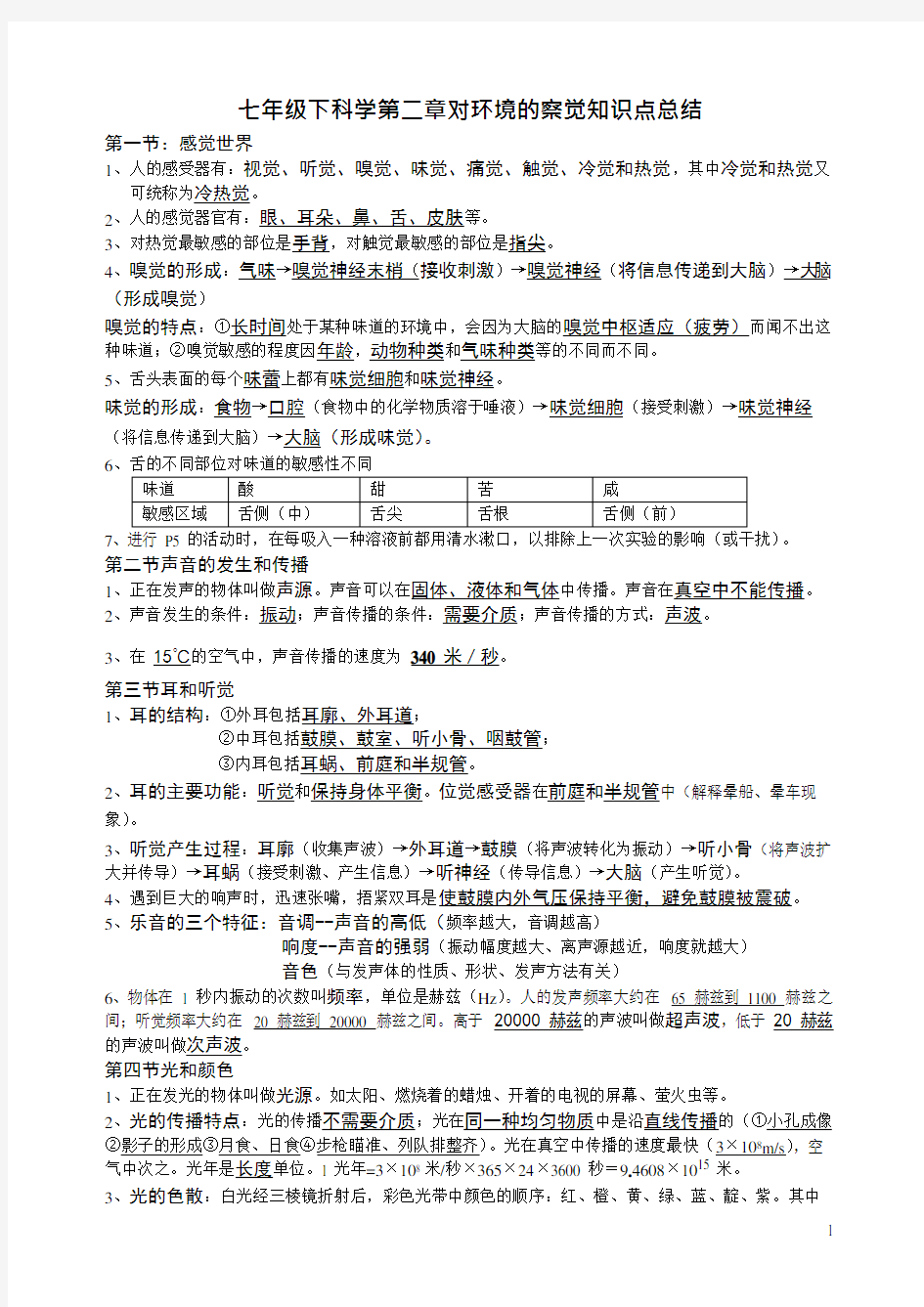 (完整)浙教版七年级下科学第二章对环境的察觉知识点总结,推荐文档