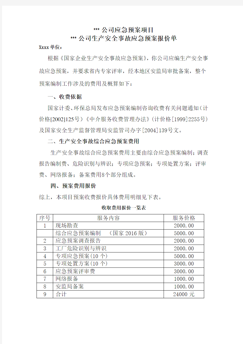 应急预案报价清单