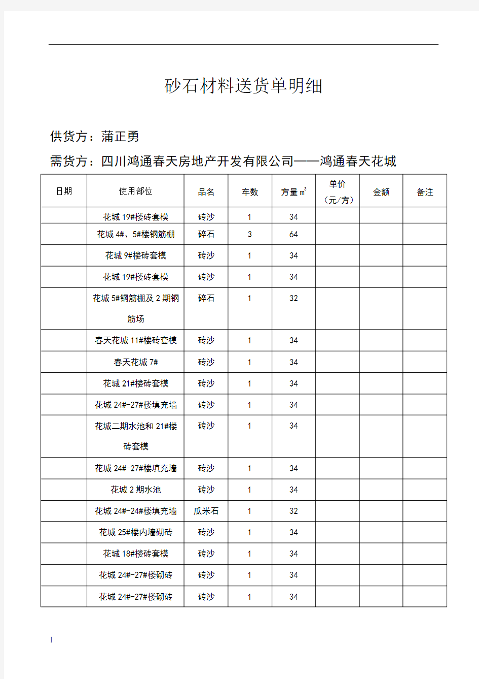 砂石材料送货单明细