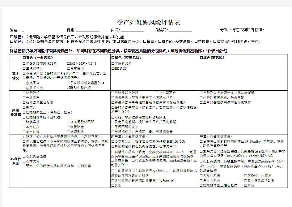 2018孕产妇妊娠风险评估表(修改版)