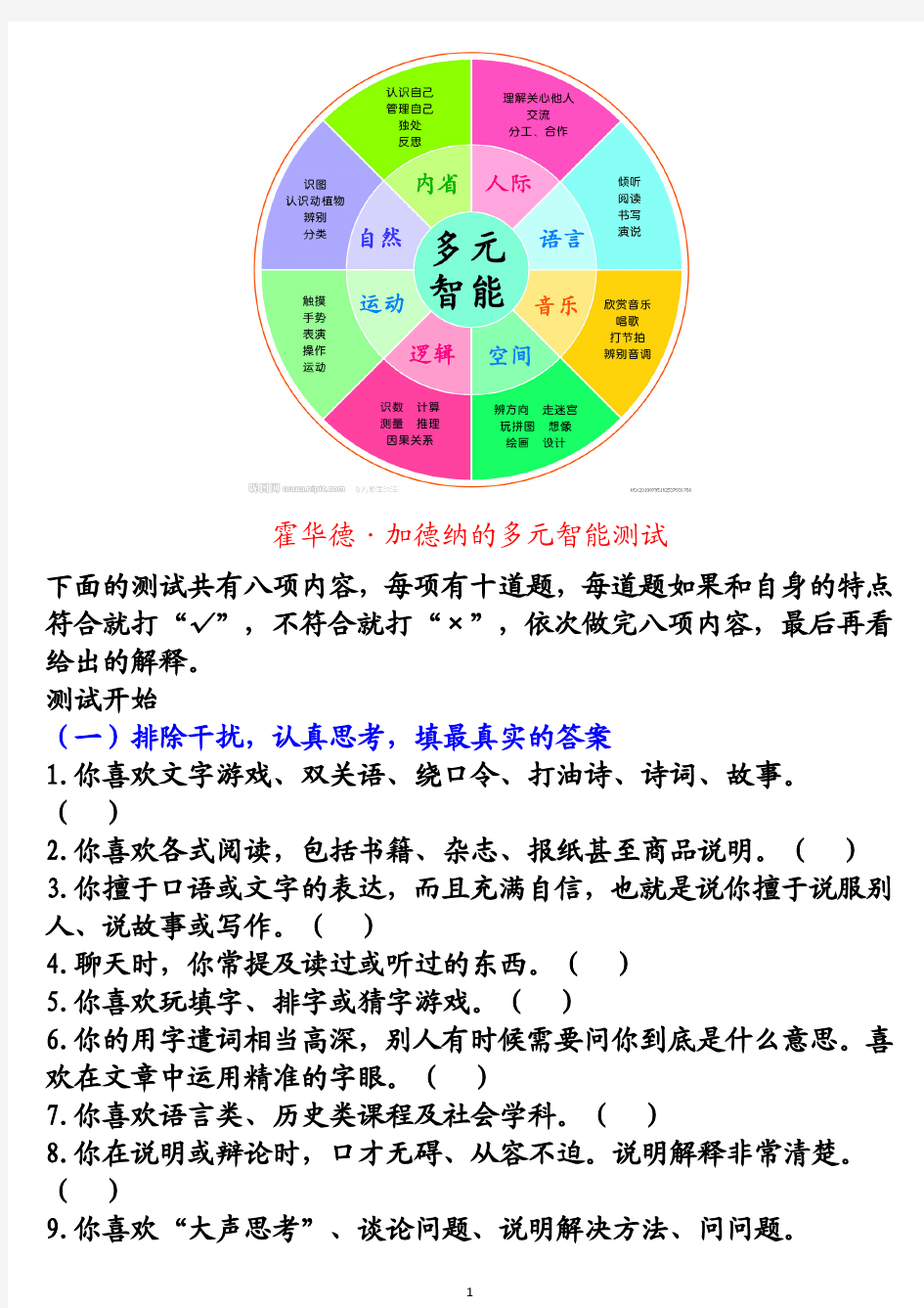 加德纳多元智能测试卷