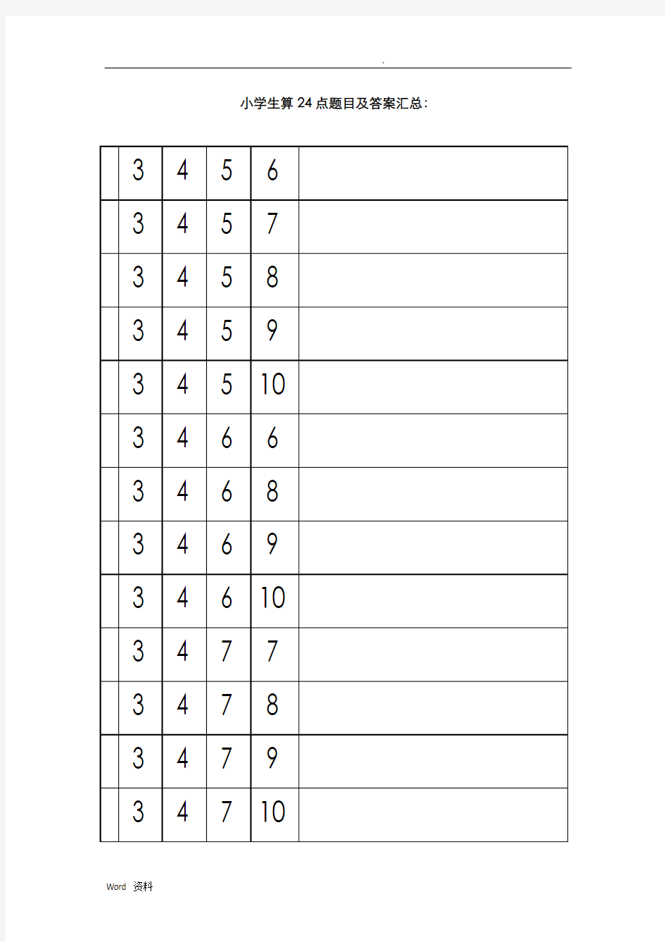 小学生算24点题目及答案汇总