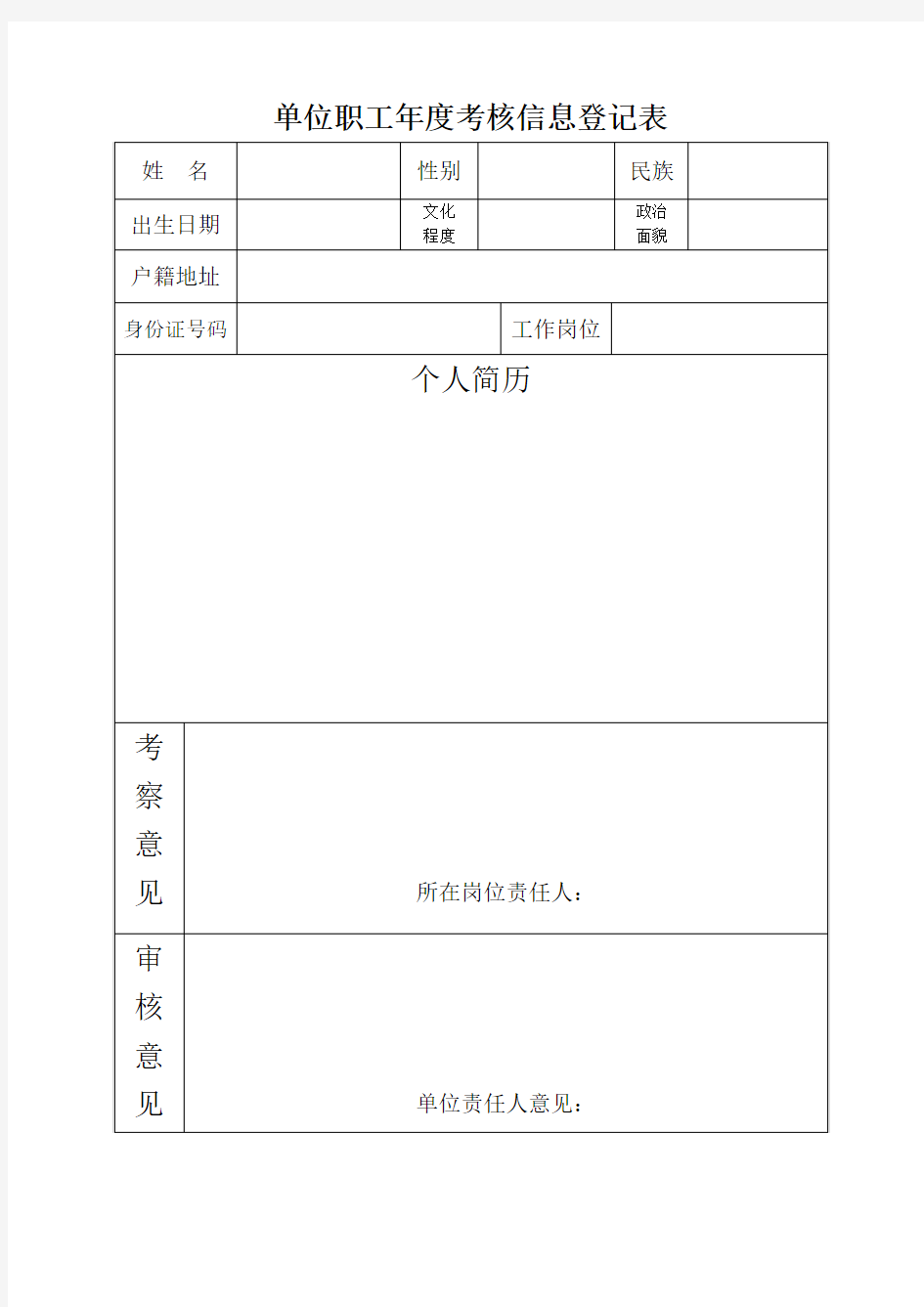 单位职工年度考核信息登记表