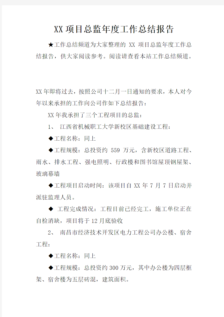 XX项目总监年度工作总结报告