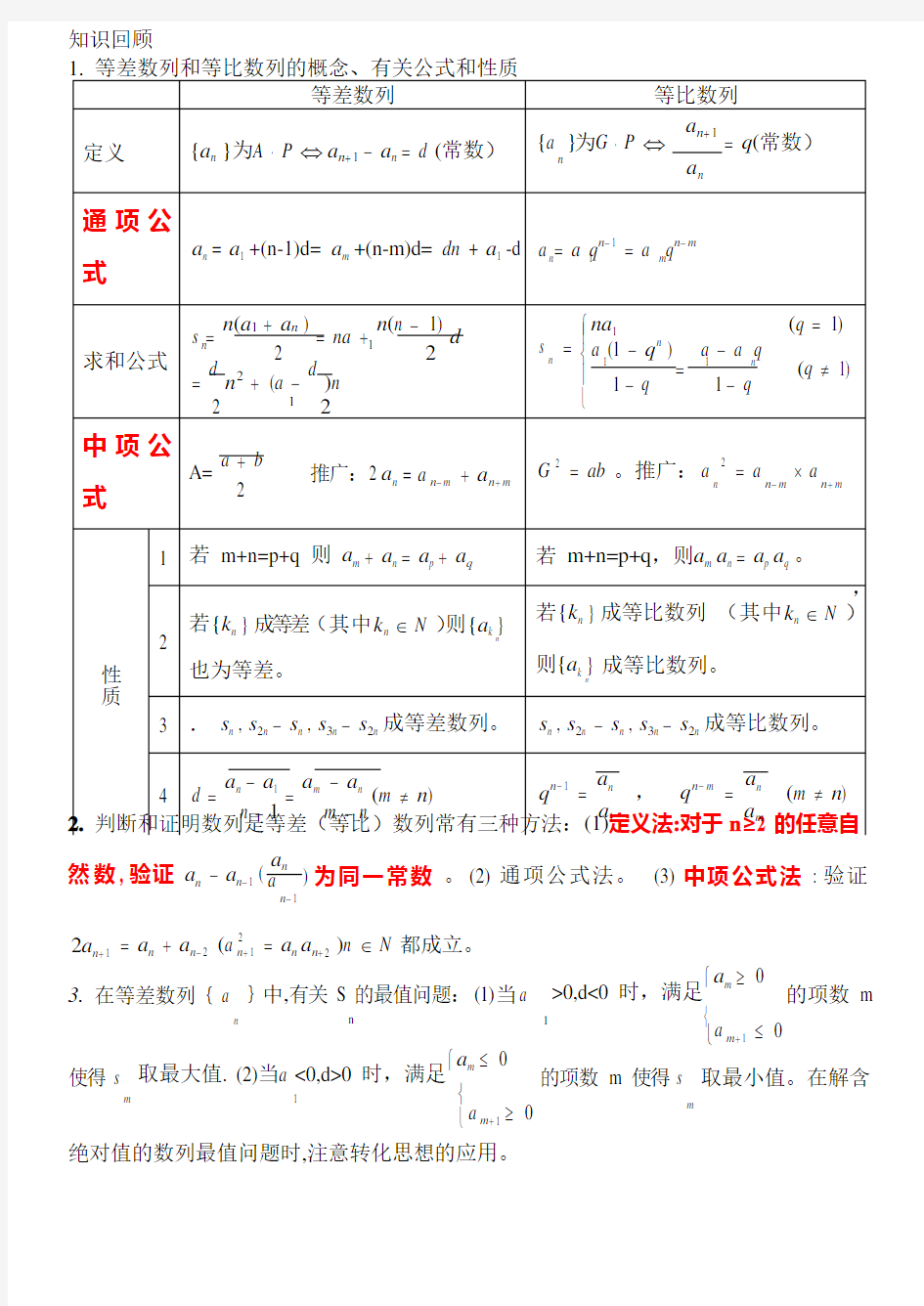 2020高中数学专项复习《等差数列和等比数列公式》