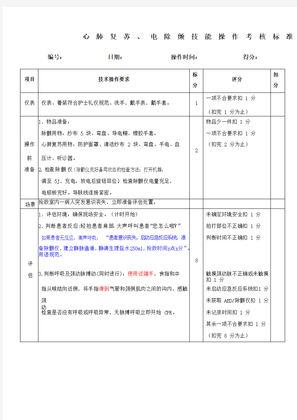 心肺复苏电除颤技能操作考核标准