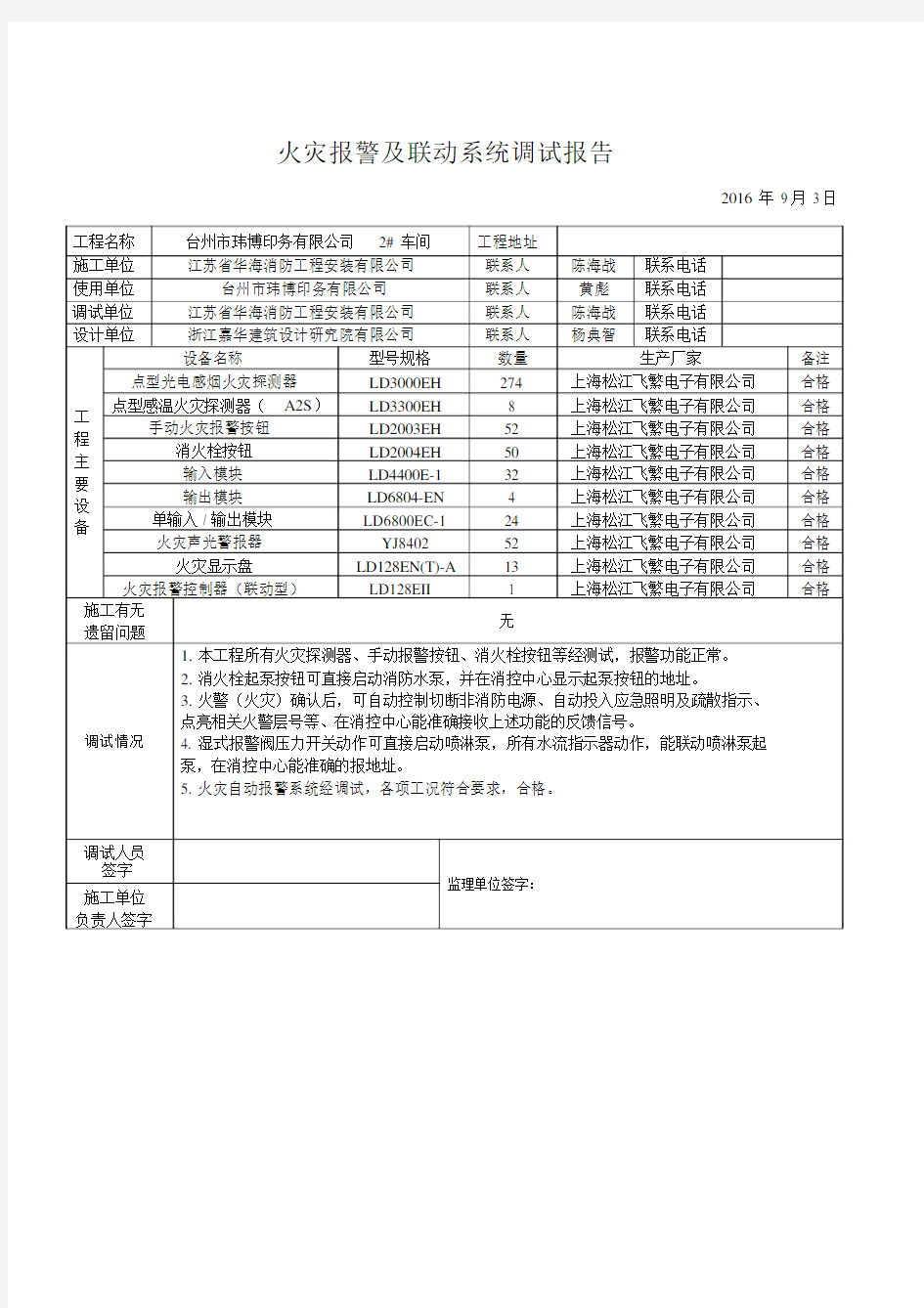 火灾报警及联动系统调试报告.doc