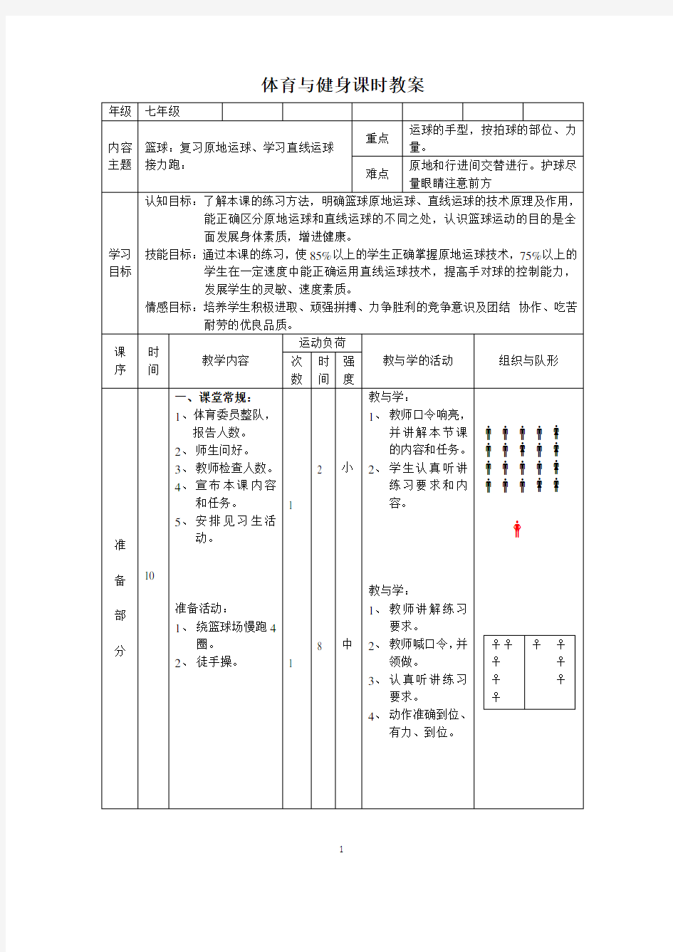 篮球复习原地运球、学习直线运球教案