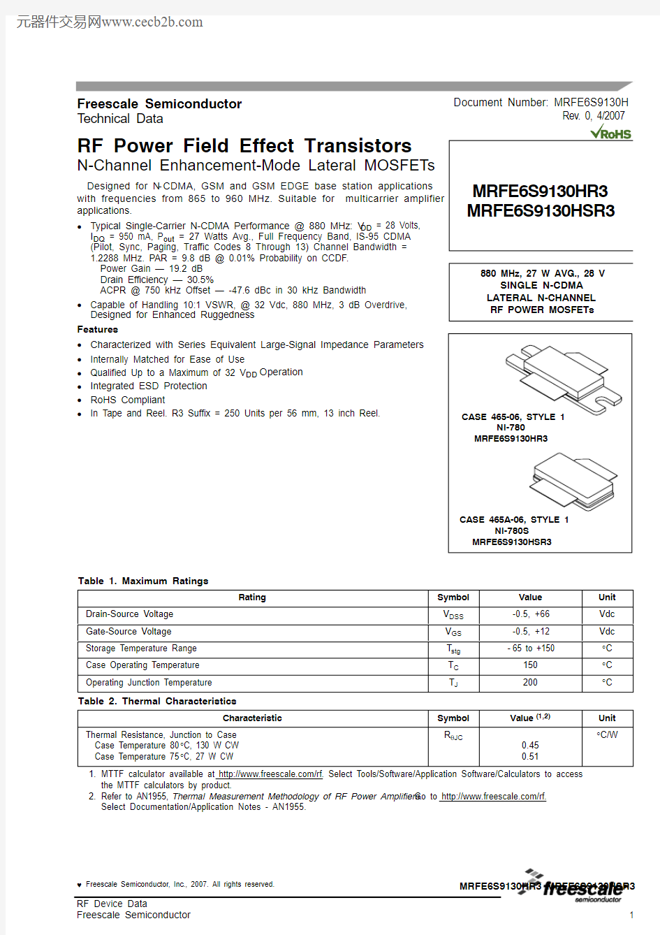 MRFE6S9130HR3中文资料