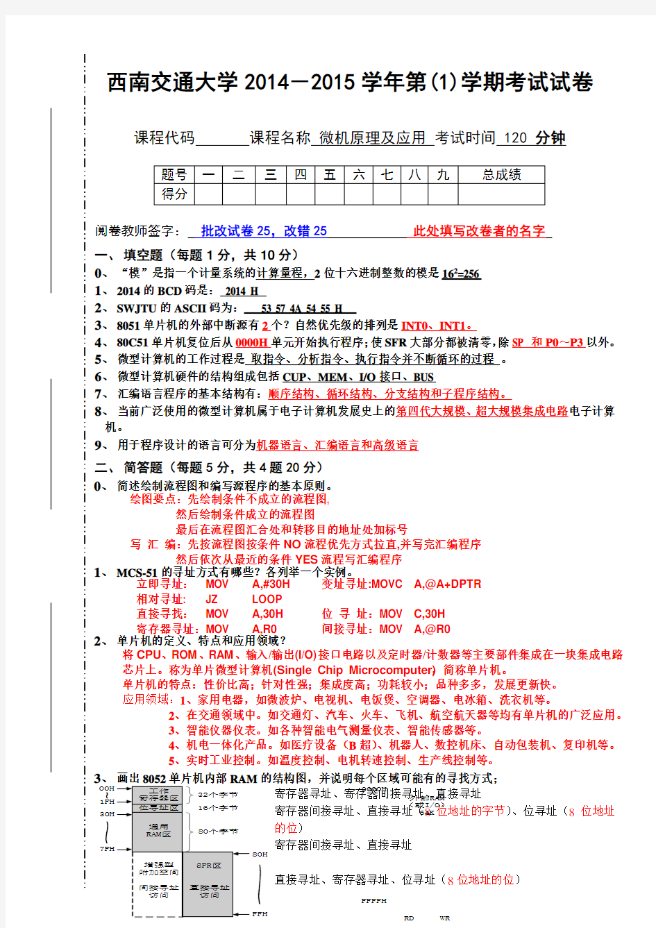 2014微机原理及应用—期中卷及答案1