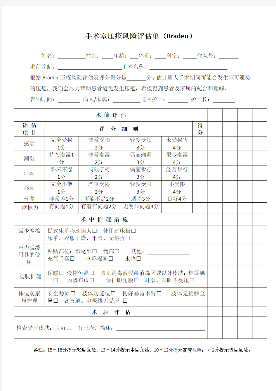 手术室压疮风险评估单