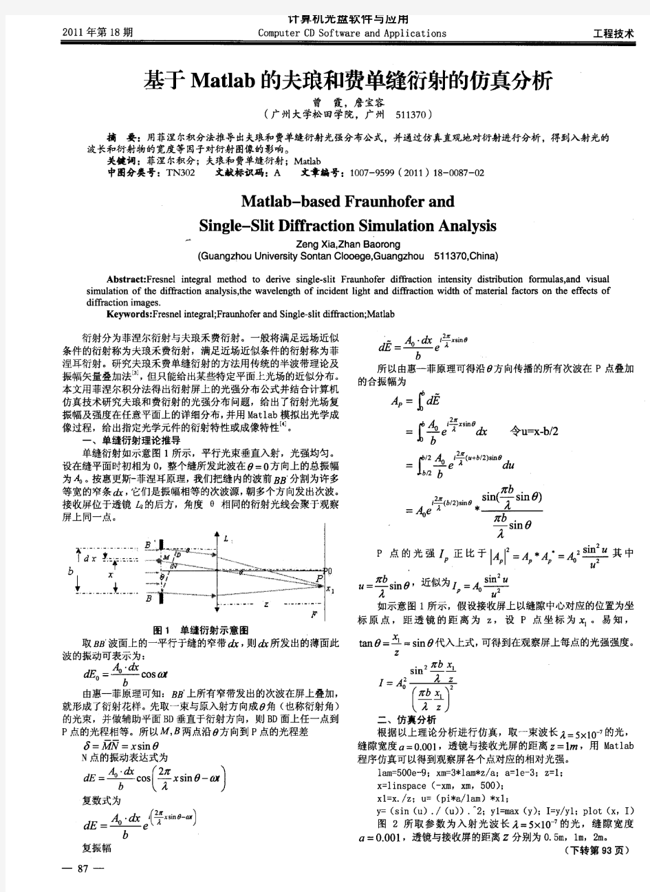 基于Matlab的夫琅和费单缝衍射的仿真分析