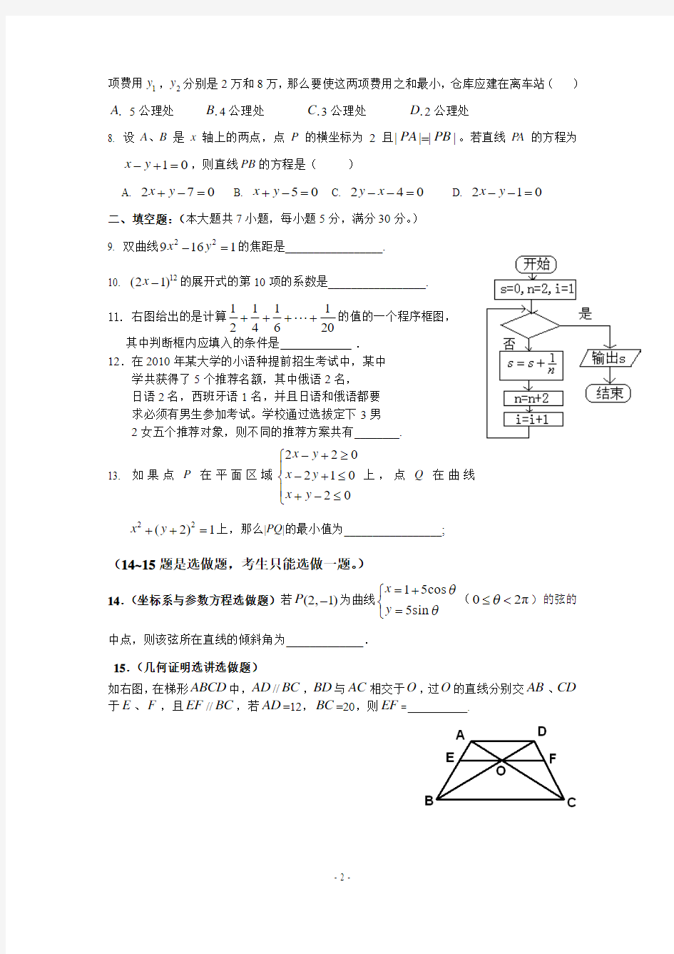 启恩中学2013届高三数学(理)综合训练题(六)