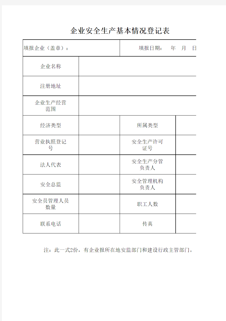 企业安全生产基本情况登记表