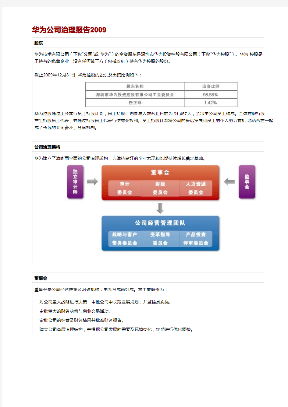 华为公司2009年公司治理报告