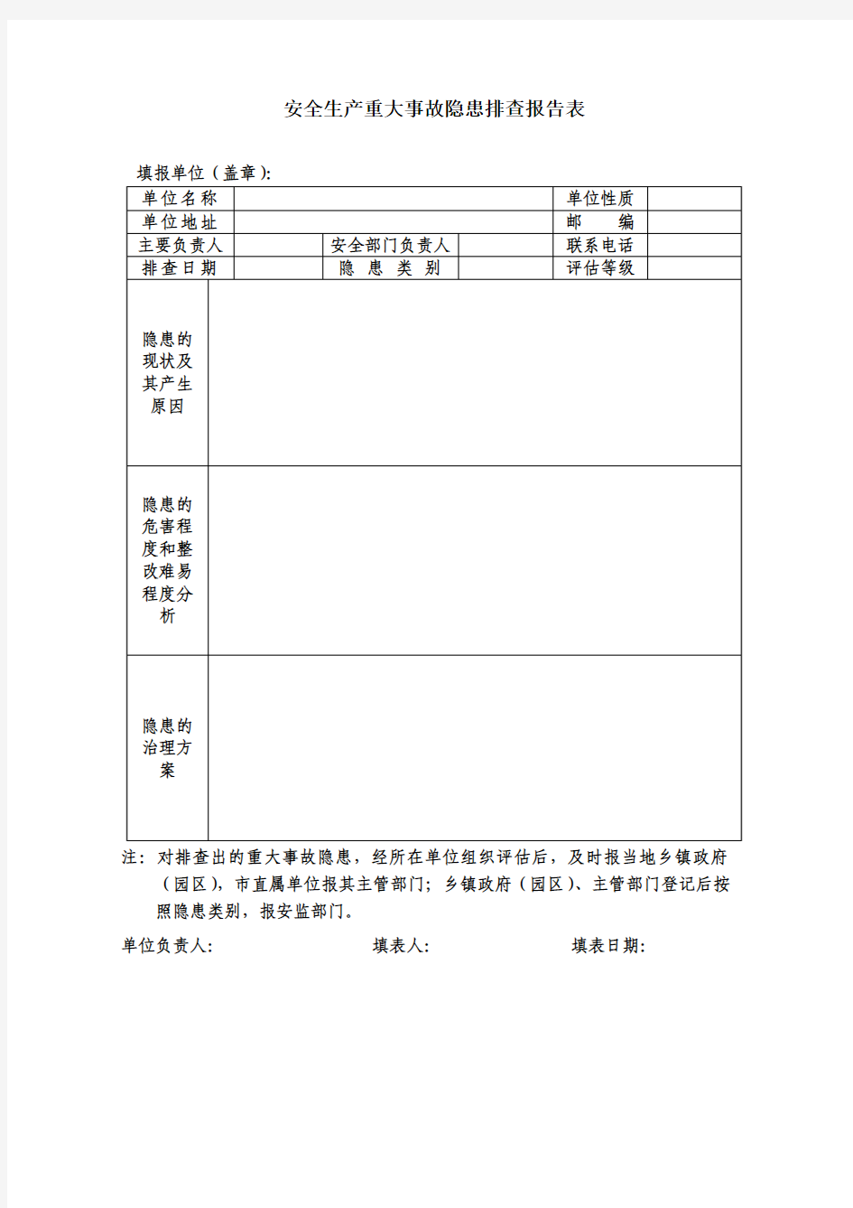 安全生产重大事故隐患排查报告表