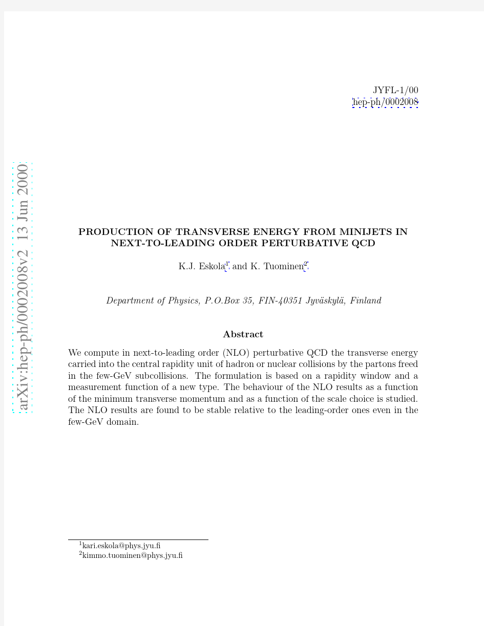 Production of transverse energy from minijets in next-to-leading order perturbative QCD