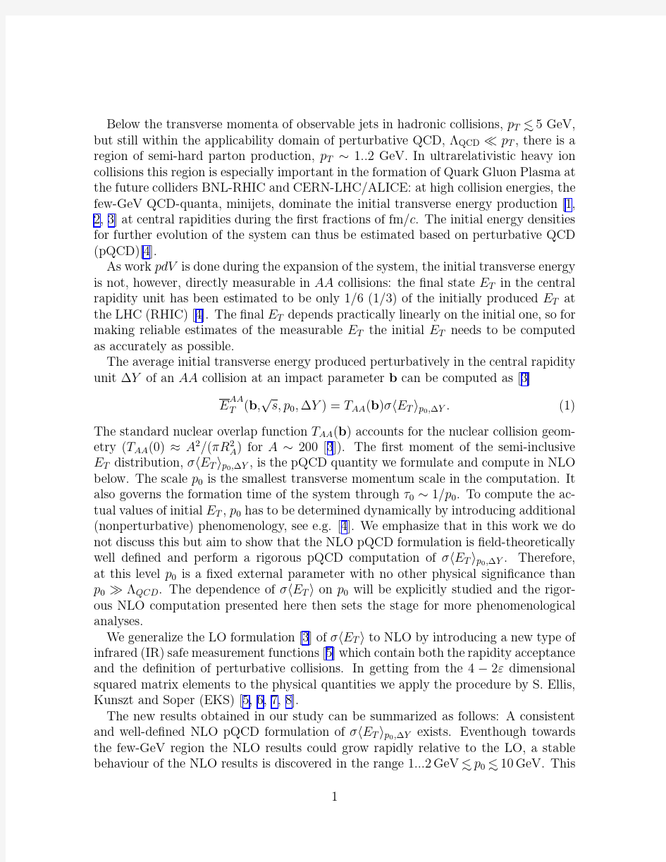 Production of transverse energy from minijets in next-to-leading order perturbative QCD