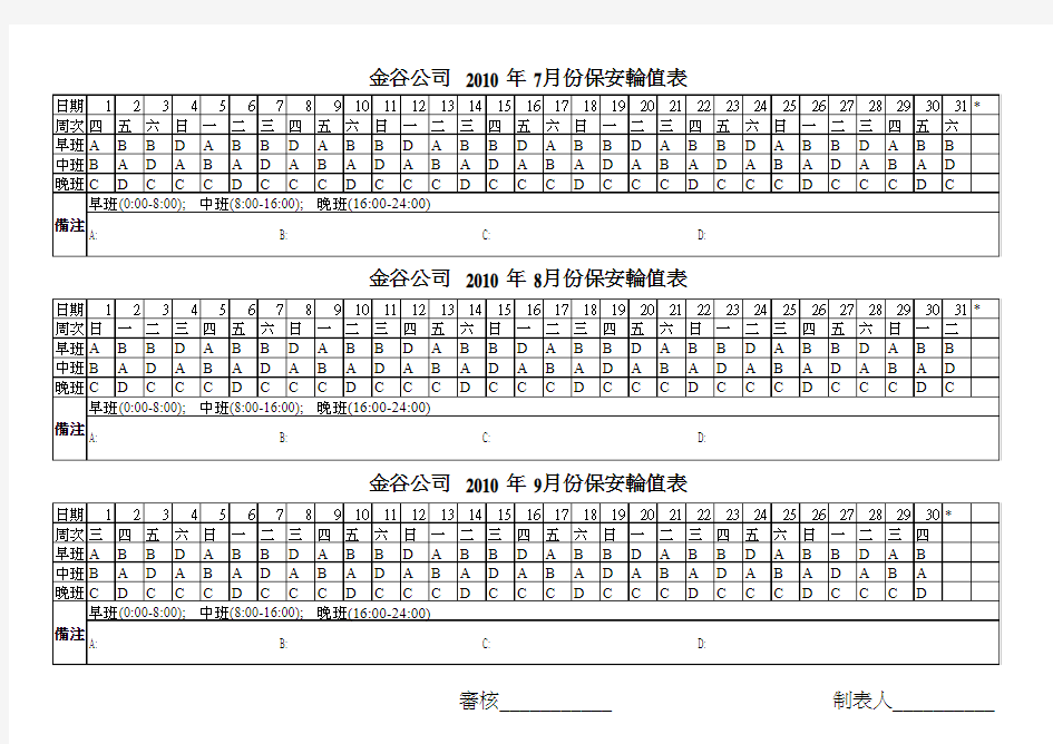 4人组保安排班表