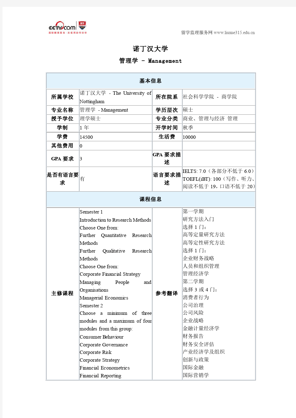 诺丁汉大学管理学硕士专业