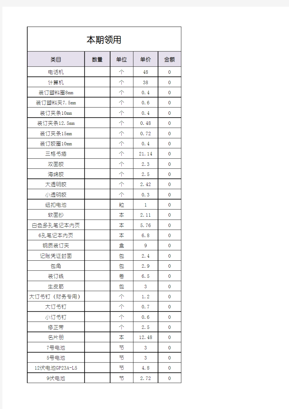 办公日常用品清单