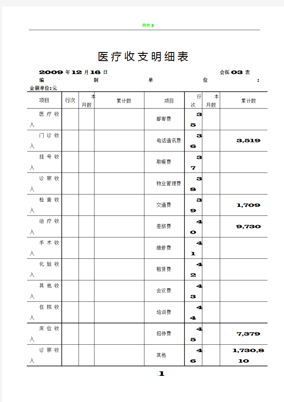 医疗收支明细表