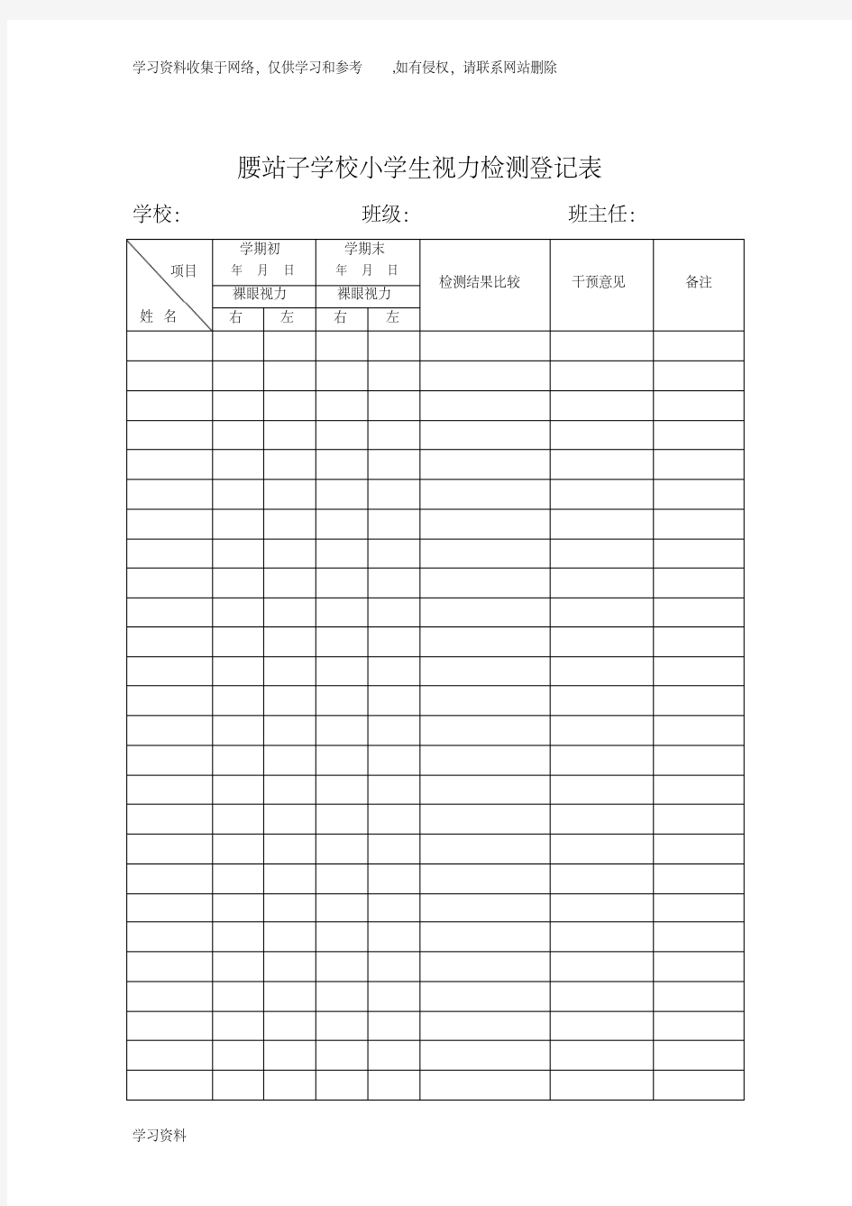 小学生视力检测登记表