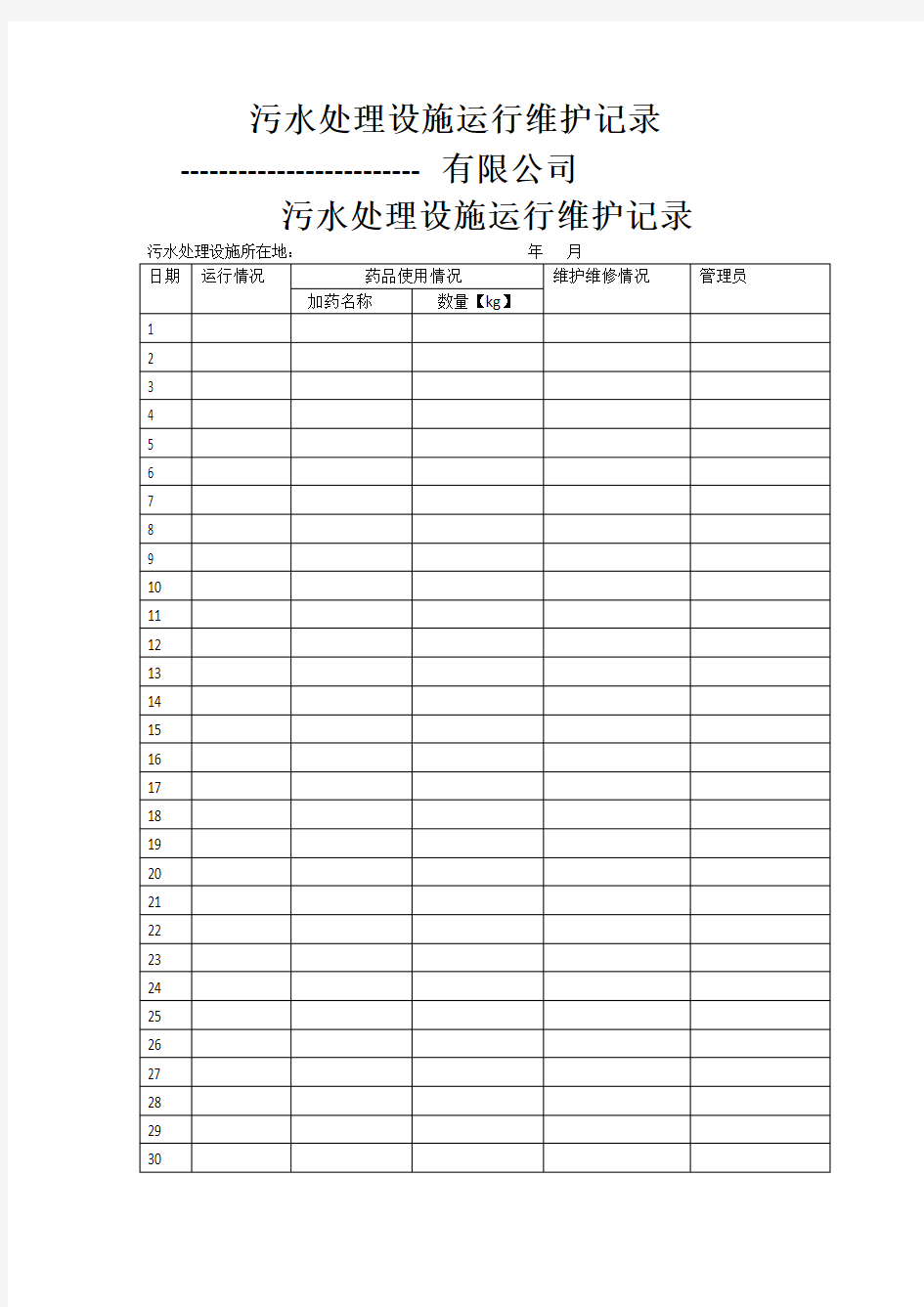 污水处理设施运行维护记录