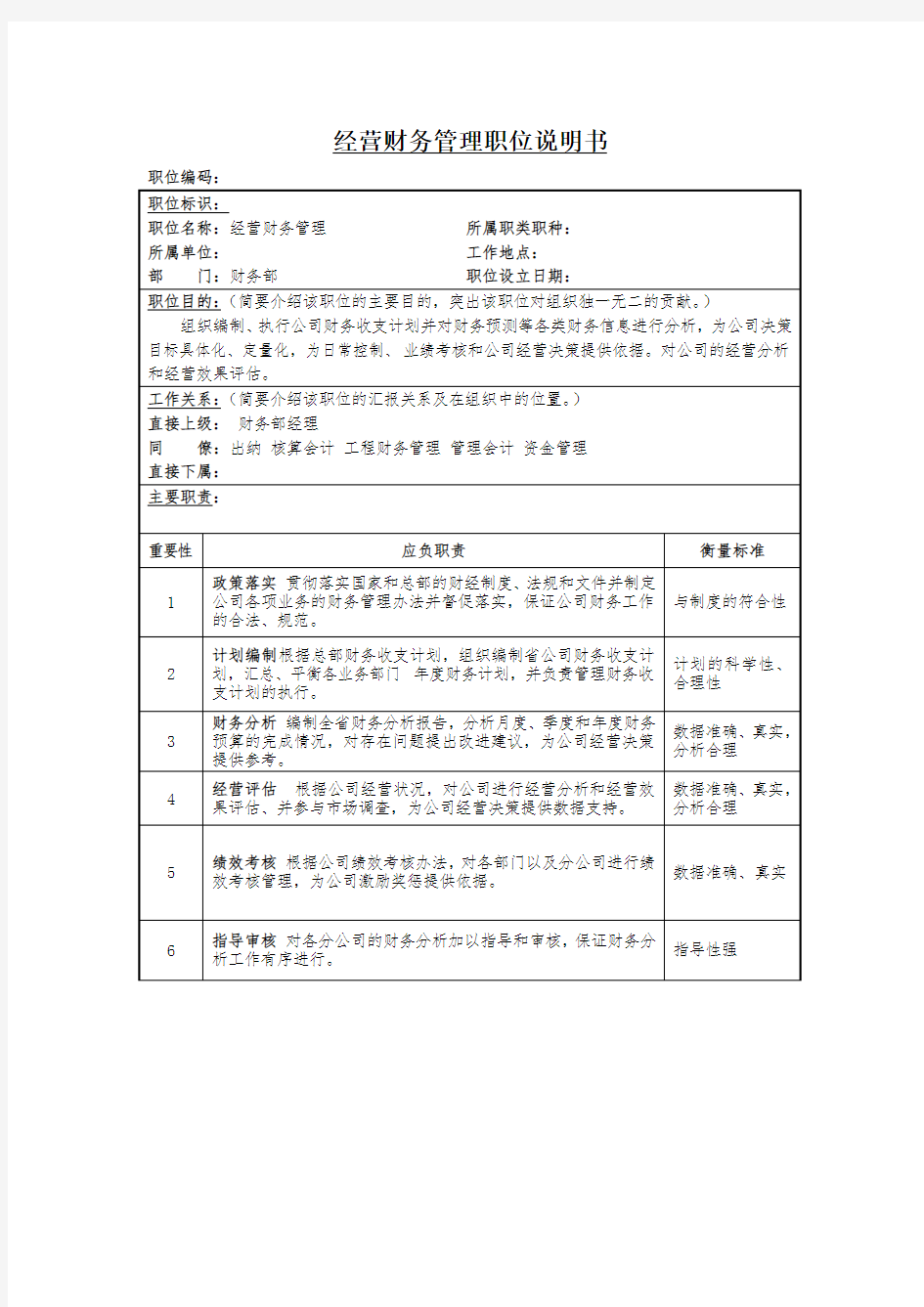 企业经营财务管理岗位职责