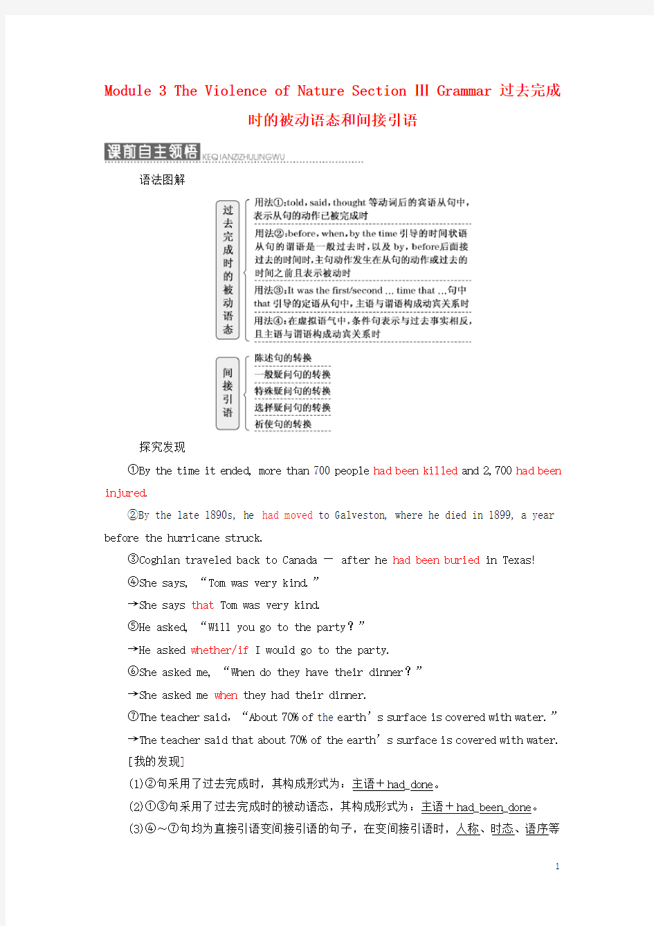 高中英语Module3TheViolenceofNatureSectionⅢGrammar过去完成时的被动语态和间接引语教学案外研必修3