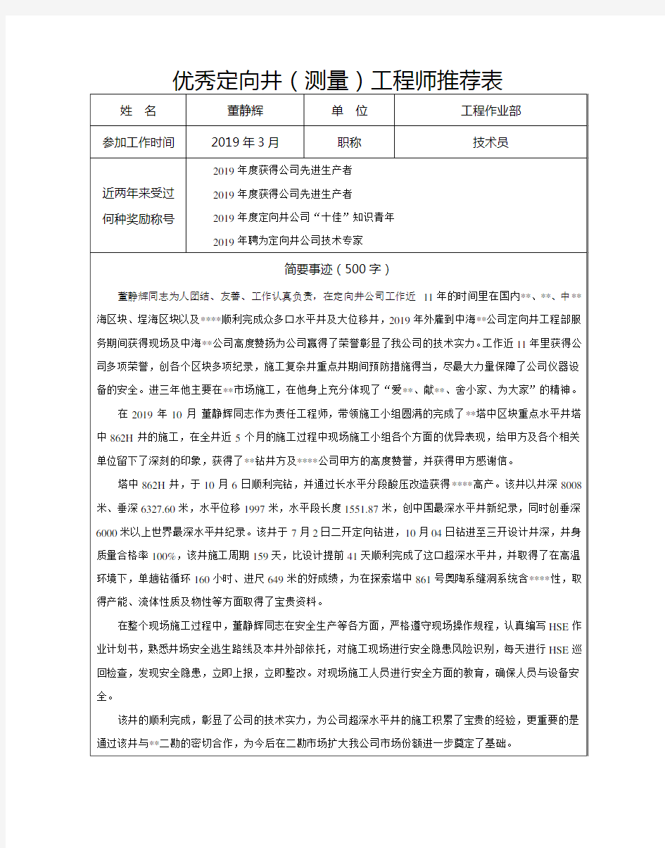 优秀定向井测量工程师推荐表 董静辉.doc