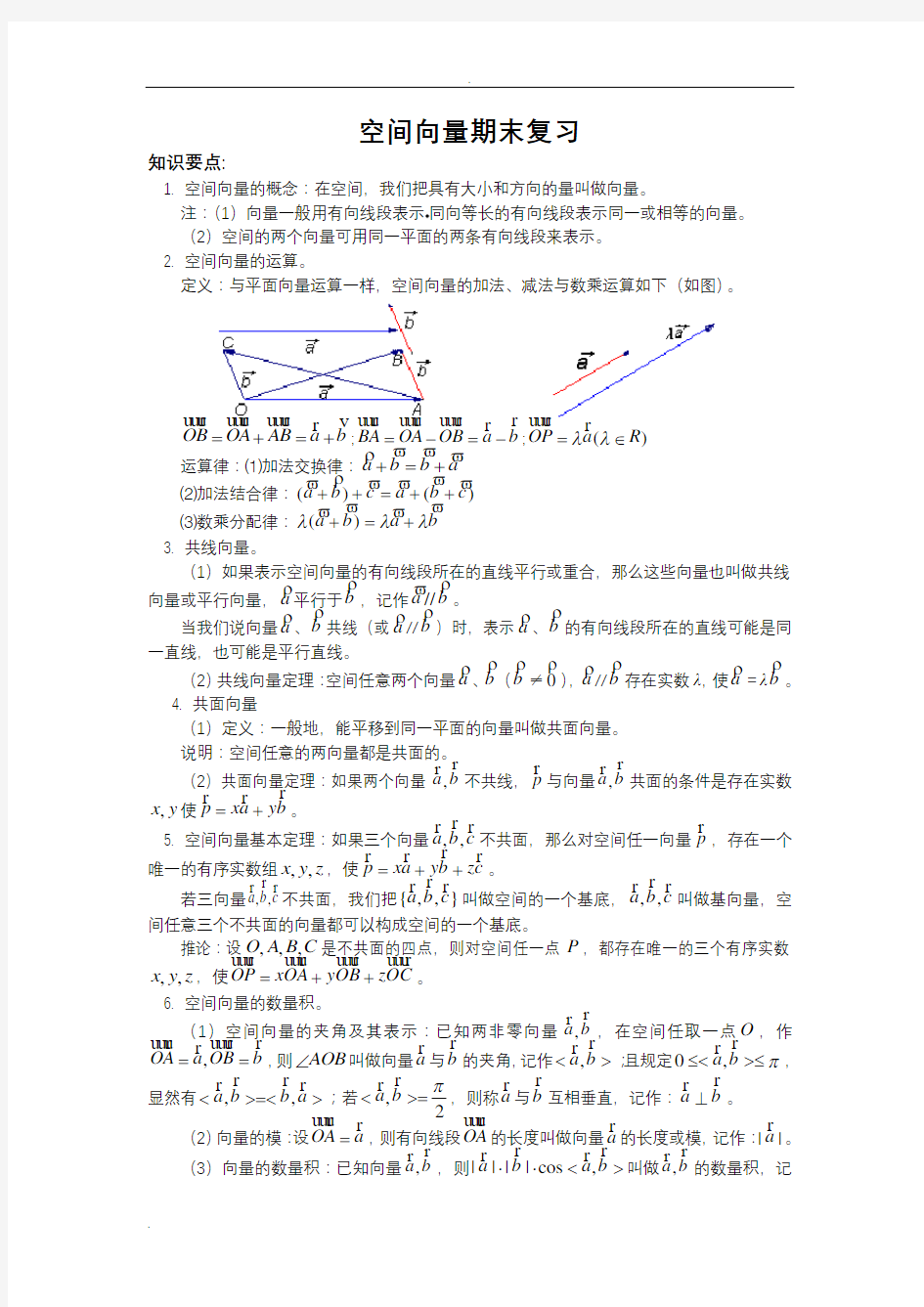 空间向量知识点归纳(期末复习)